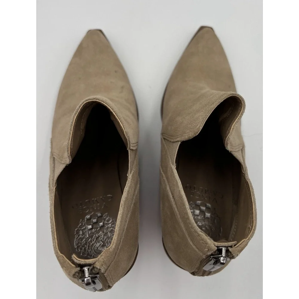 Vince Camuto Gradina Womans 6.5M Ankle Boots Tan Faux Suede Pointed Toe Back Zip